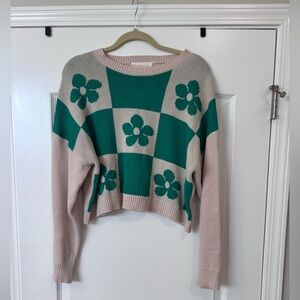 Floral Retro Style Checkered Sweater - Green and Cream 100% cotton!